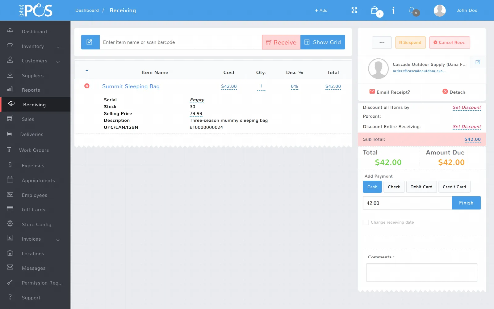 A receiving in progress: the supplier attached, one item at its cost price, and the receiving payment panel