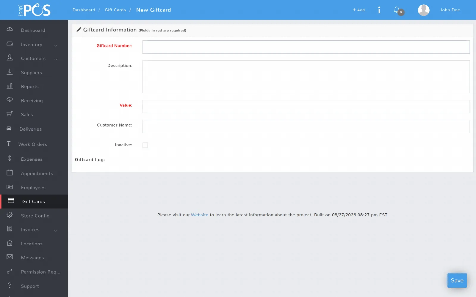 The new gift card form: card number, value and optional customer