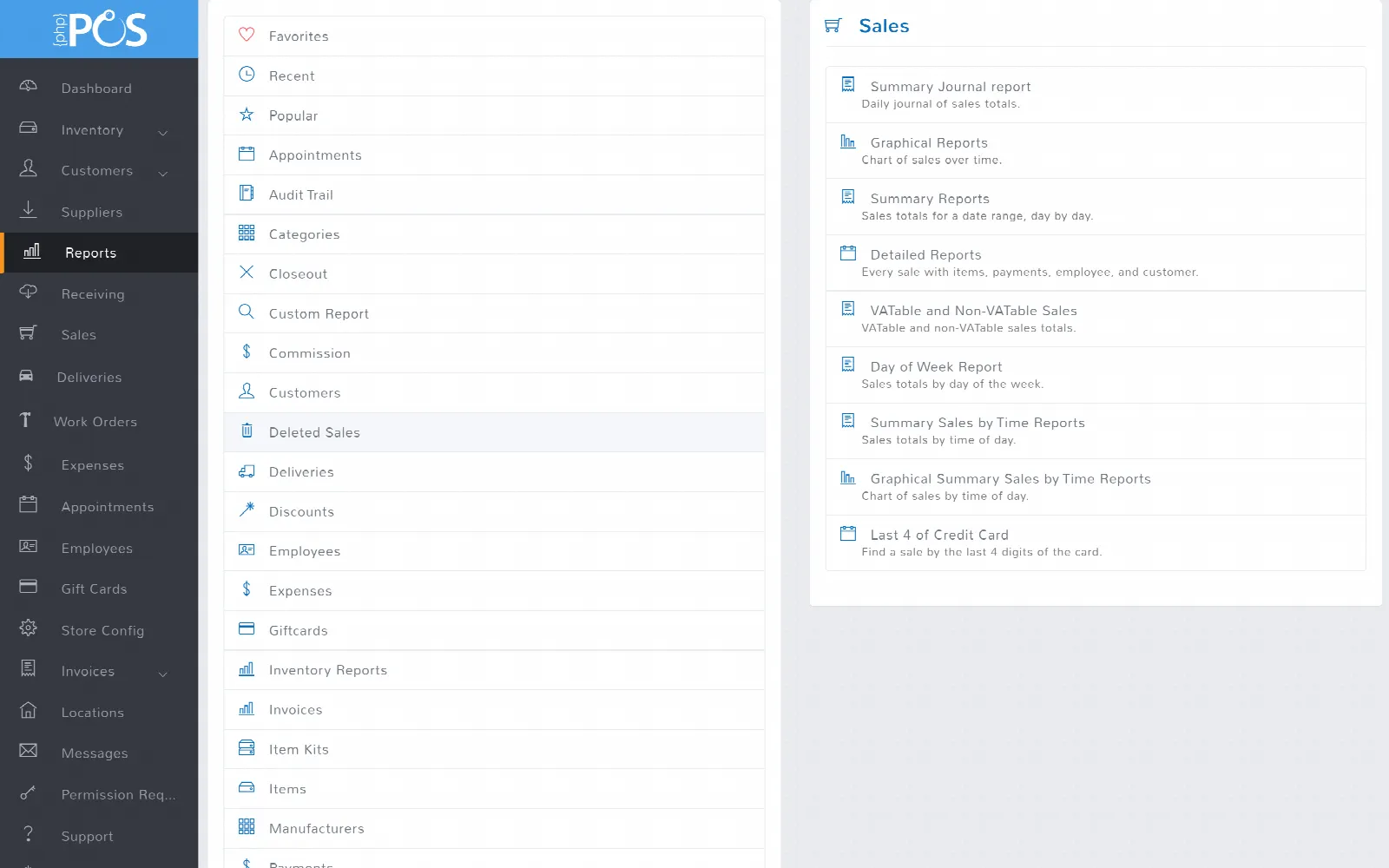 The reports browser: searchable report categories on the left, and the selected category's reports on the right