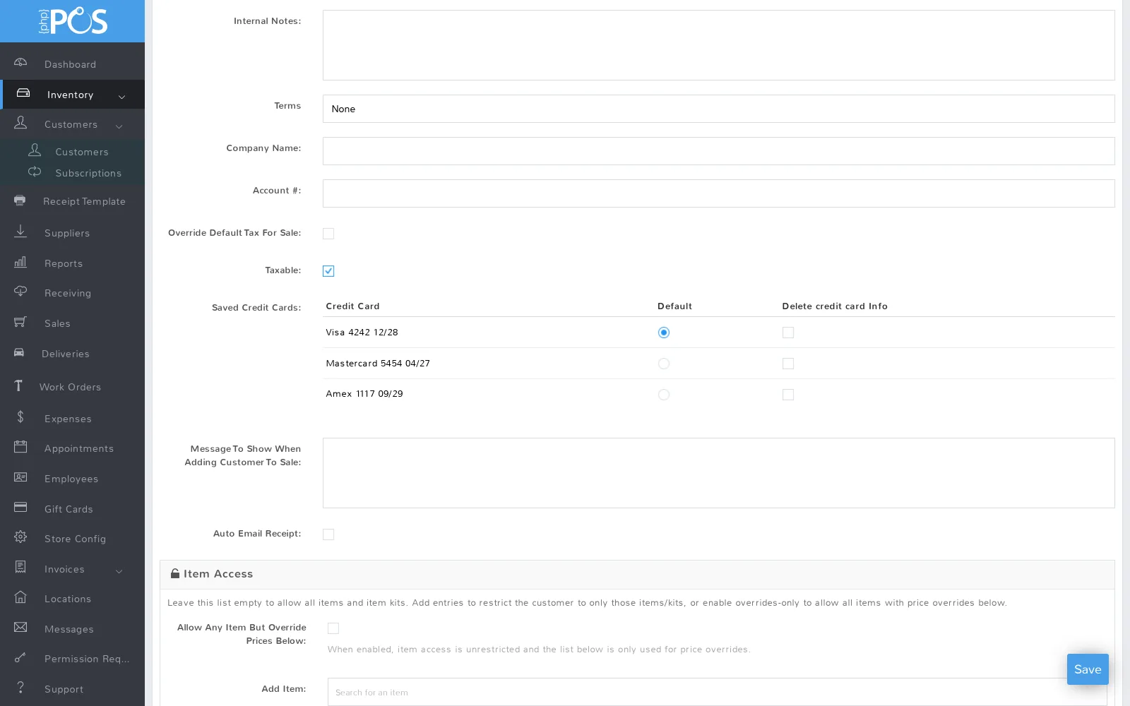 A customer's Saved Credit Cards table: three stored cards, one marked as the default, each with its own delete checkbox